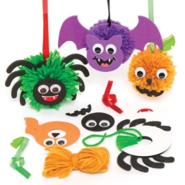 Kreatives Bastelset für Pompon-Anhänger "Halloween" für Kinder zum Gestalten, Dekorieren und Aufhängen (3 Stück) -